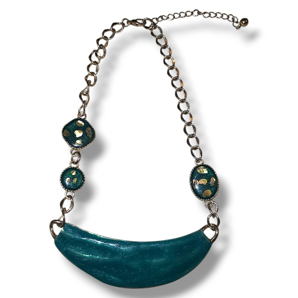 Vintage Teal Enamel Abalone Necklace Gold Tone Bib Adjustable 16-19 Inch